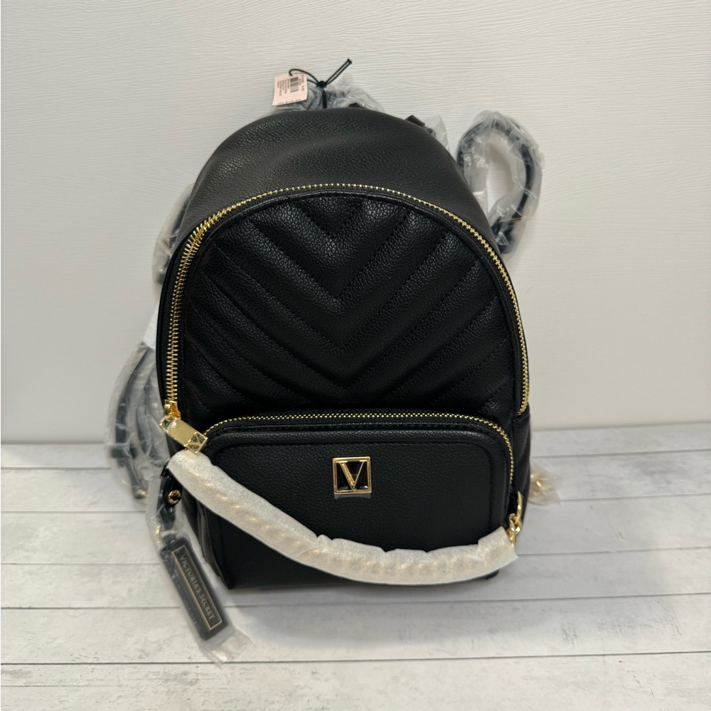 Victoria's Secret Black Gold Chain Small backpack PINK bag purse travel